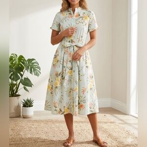 eShakti Floral Cotton Poplin Shirt Dress with Pockets - Size 2 (XS)